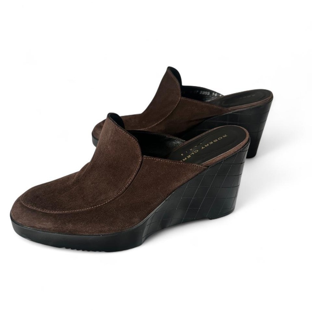 Robert Clergerie Paris Brown Suede Wedge Mules Size 7.5 Luxury Designer